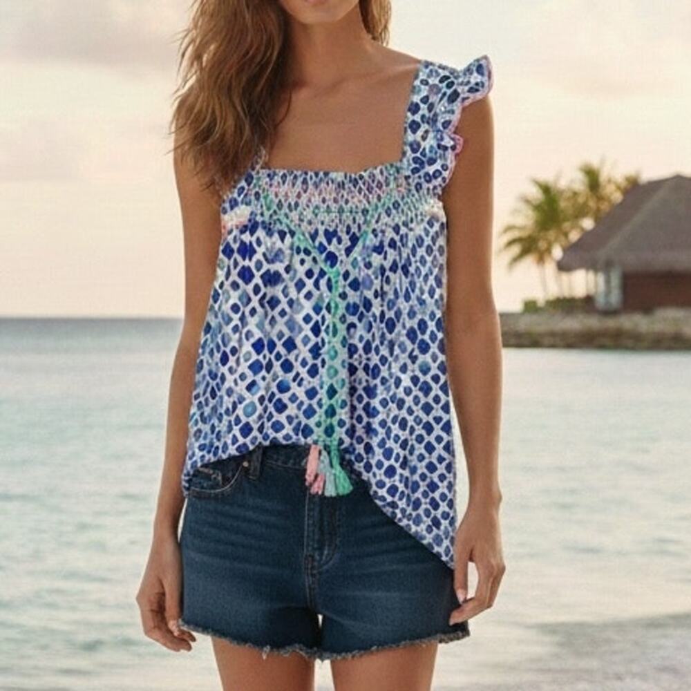 Matilda Jane Blue White Smocked Sleeveless Top Medium